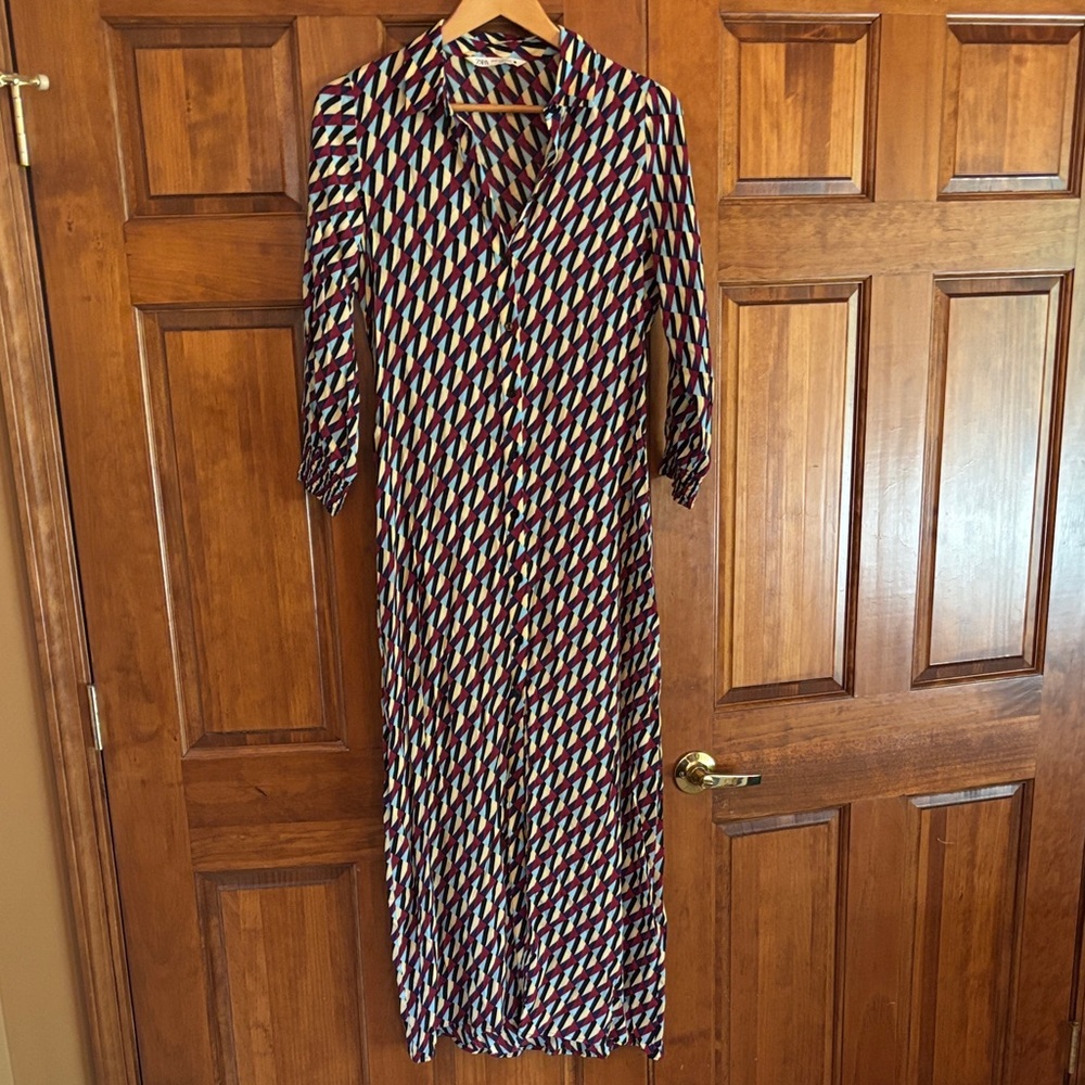 Zara Geometric Long Sleeve Dress - Red, Blue, Cream